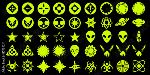 A vibrant collection of glowing neon green alien star and symbol icons