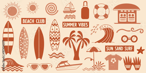 A collection of summer themed icons including surfboards suns and beach elements
