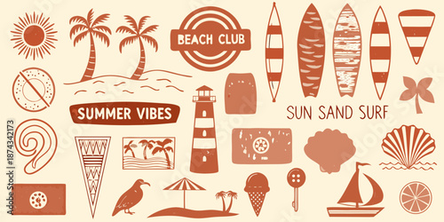 Summer themed illustrations sun surfboards beach elements and tropical vibes collection