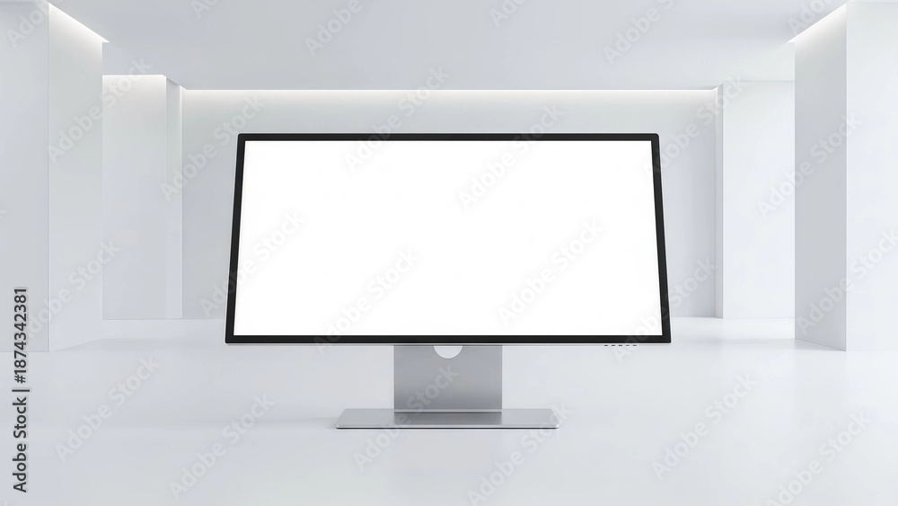 Fototapeta premium Blank computer monitor screen mockup standing on desk in minimalist white room