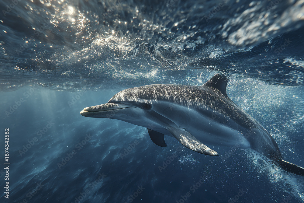 Fototapeta premium Dolphin swimming underwater in ocean with sunlight reflecting on water surface, showing marine life in natural habitat with clear blue water and bubbles