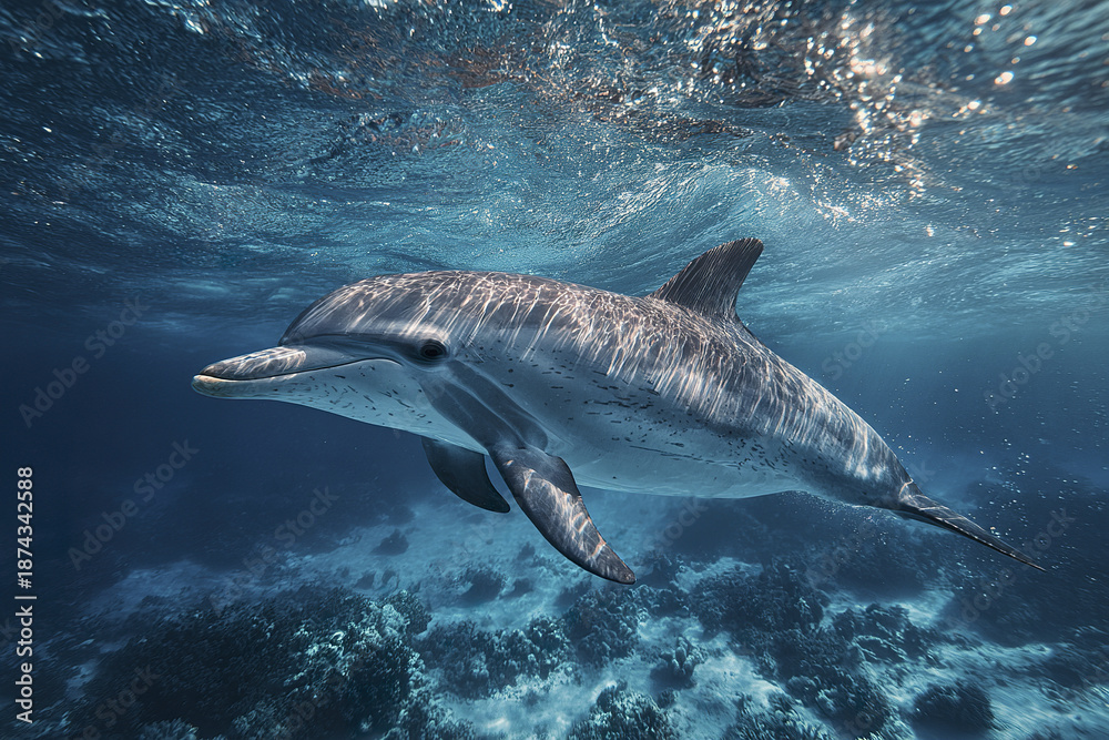 Fototapeta premium Dolphin swimming underwater near coral reef with sunlight reflecting on its body in clear blue ocean, showcasing marine life beauty and peaceful ocean environment
