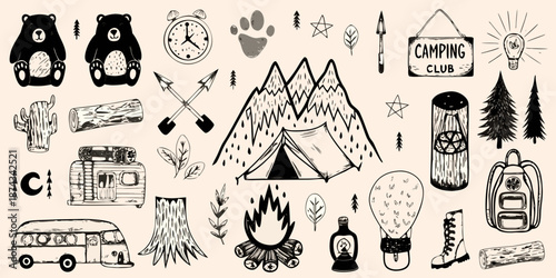 A charming collection of hand drawn camping and outdoors elements and icons