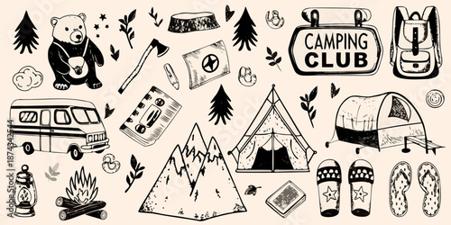 A charming collection of camping themed illustrations and outdoor adventure elements