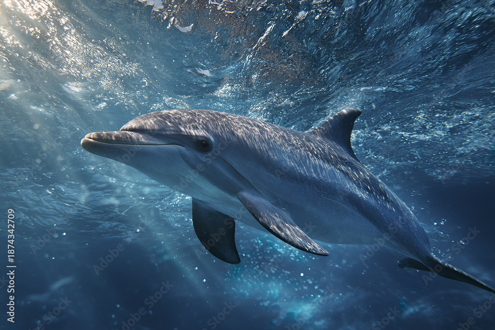 Fototapeta premium Dolphin swimming underwater in blue ocean water with sunlight rays creating peaceful marine life scene full of natural beauty and calm atmosphere