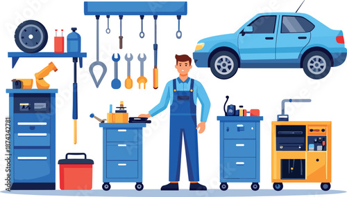 Male Auto Mechanic Standing in Car Repair Workshop with Tools Equipment Storage Units and Vehicle Illustration