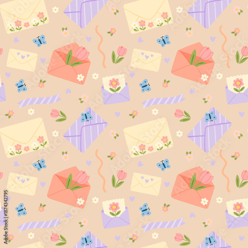 Seamless pastel vector pattern with cute envelopes, flowers, hearts and butterflies. Romantic spring design for stationery, wedding invites, greeting cards, wrapping paper and textiles