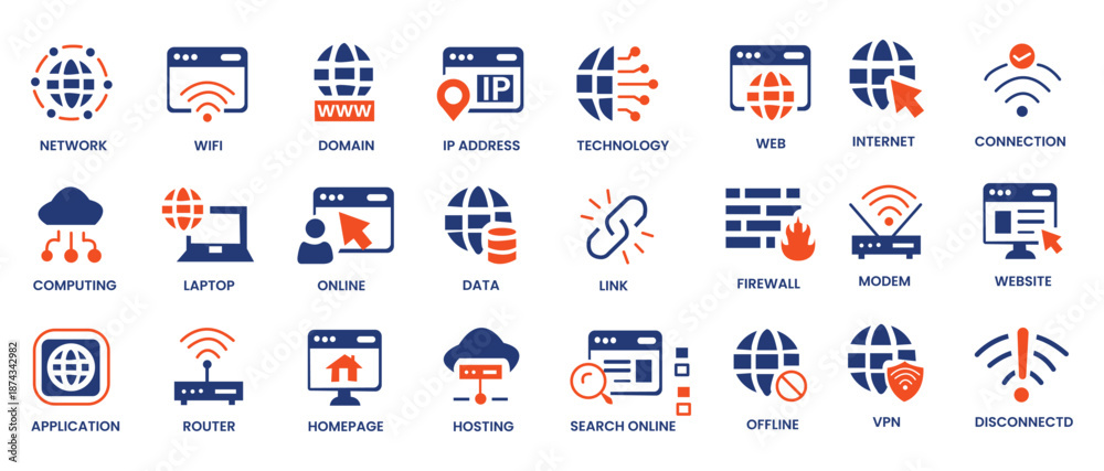 Obraz premium Internet icon set. Containing website, link, data, web, online, domain, technology, modem, VPN, hosting, connection and more. Solid vector icons collection.