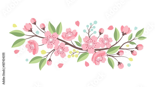Blooming Cherry Blossom Branch with Pink Flowers and Green Leaves, Spring Floral Illustration