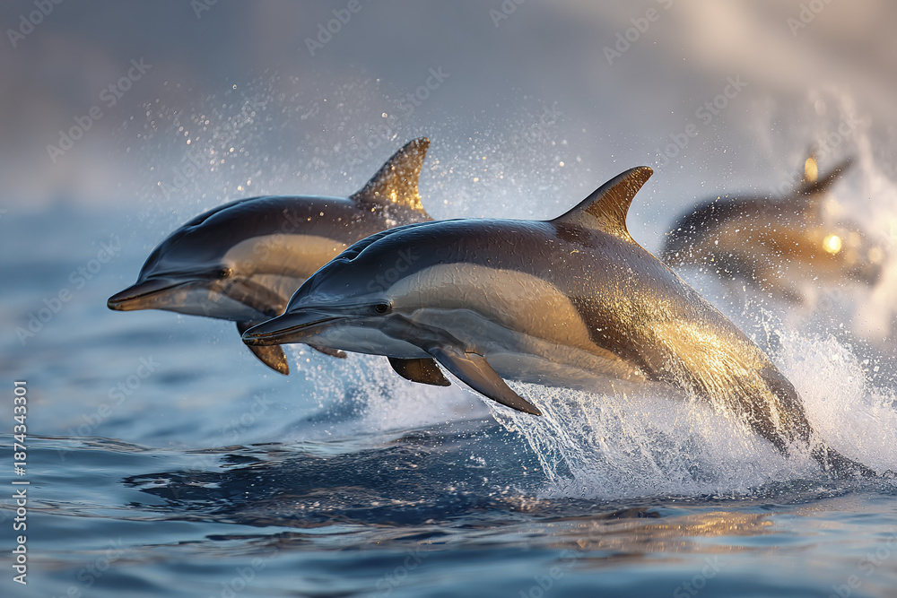 Obraz premium Dolphin jumping out of ocean water with splashes and sunlight reflecting on their smooth skin, showing marine wildlife in dynamic motion and natural beauty