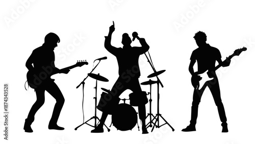 A rock band silhouette performing on stage, including a guitarist, drummer, and a singer with a microphone, energetic poses, high-contrast vector.