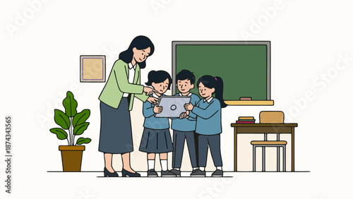 Teacher guiding students to learn using digital tablet in a classroom vector illustration