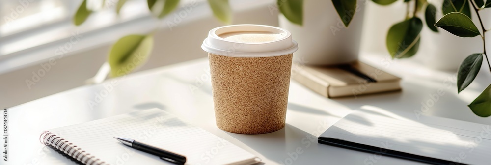 Naklejka premium Reusable coffee cup with cork sleeve on white desk next to notebook and pen. Green plant in background with natural light from window