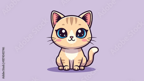 Adorable cartoon cat with big blue eyes sitting calmly.