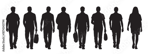 eight black silhouettes of people walking carrying bags some