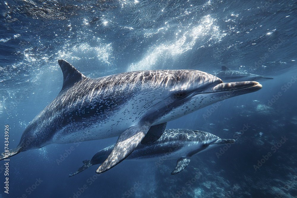 Fototapeta premium Dolphin swimming underwater in ocean with sunlight reflecting on its body, marine wildlife photography capturing peaceful and graceful sea creatures in natural habitat