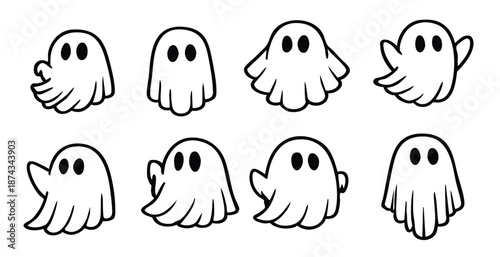 Eight cartoon ghosts with black eyes and wavy outlines character illustration