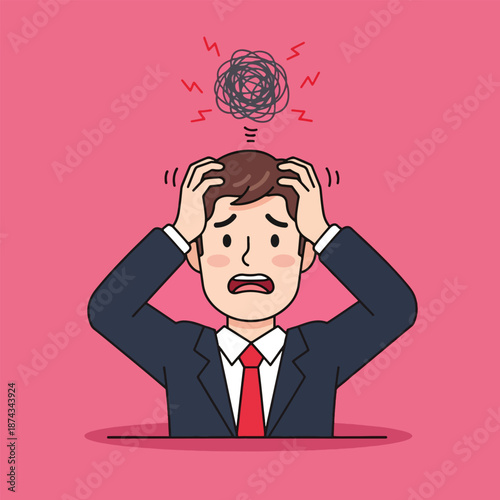 Businessman experiencing stress and anxiety with a tangled thought bubble.