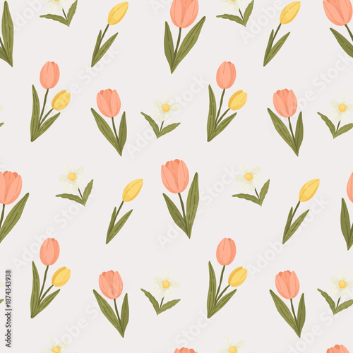 Tulips and white daisies seamless pattern, spring floral background, garden blossoms, hand drawn vector illustration