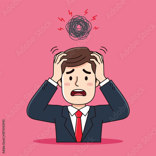 Businessman experiencing stress and anxiety with tangled thoughts.