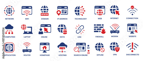 Internet icon set. Containing website, link, data, web, online, domain, technology, modem, VPN, hosting, connection and more. Solid vector icons collection. 