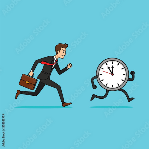 Businessman running late chasing a clock illustration.