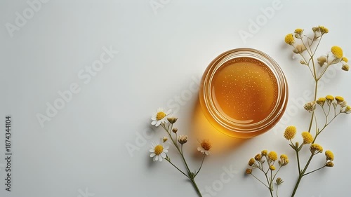 Overhead view showcasing golden liquid in a jar, with small white and yellow flowers placed at the bottom and right
