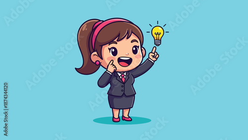 Cute Businesswoman Character with Idea Light Bulb.