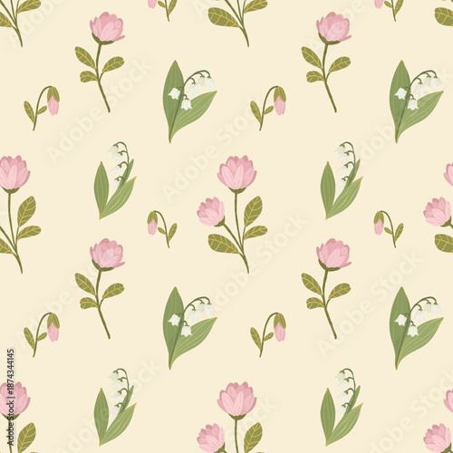 Pink garden flowers and lily of the valley seamless pattern, spring floral background, delicate blossoms, hand drawn vector illustration