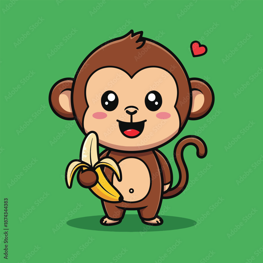 Obraz premium Cute cartoon monkey holding a banana with a happy expression.
