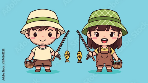 Cute Cartoon Kids Fishing Together with Caught Fish.