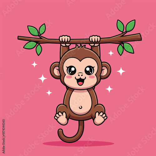 Cute cartoon monkey hanging from a tree branch.