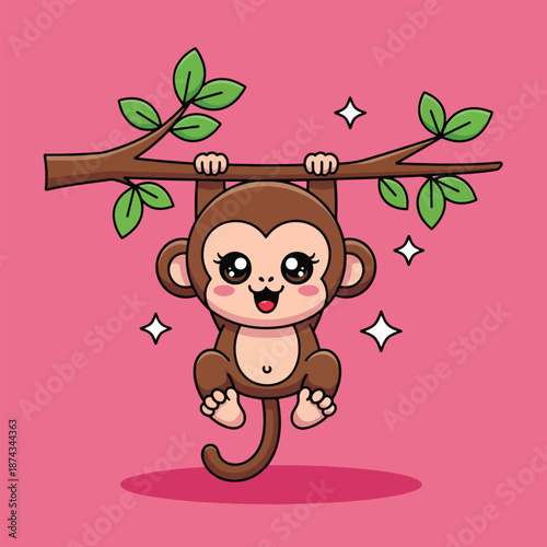Cute Cartoon Monkey Hanging Playfully from a Tree Branch.