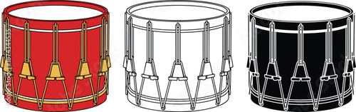 Marching snare drum illustration set in color, outline and black styles, detailed vector design for music, band, percussion graphics