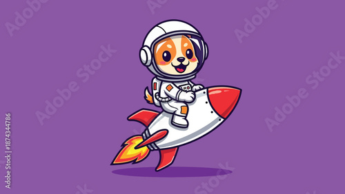 Cute Dog Astronaut Riding a Rocket in Space.