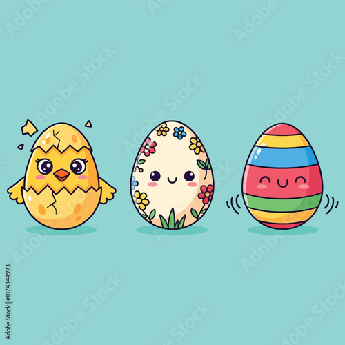Cute Easter Eggs and Chick Illustration.