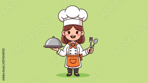 Cute Female Chef Holding Food Cloche and Cutlery.