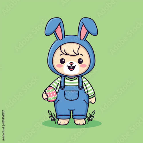 Cute little boy in bunny costume holding an Easter egg.