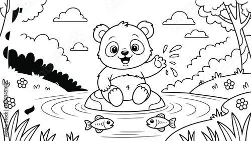 Charming cartoon panda sitting on a rock in a peaceful pond, making ripples and interacting with fish