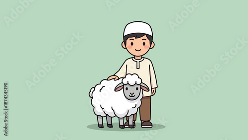 Cute Muslim Boy with Sheep Illustration.
