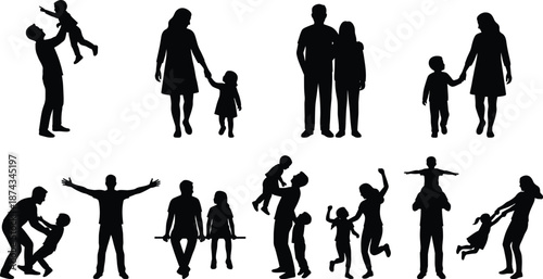 Set of black family silhouettes showing parents and children playing, walking and bonding together isolated on white background for lifestyle design