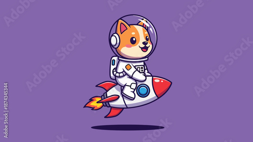 Cute Shiba Inu Dog Astronaut Riding Rocket Ship.
