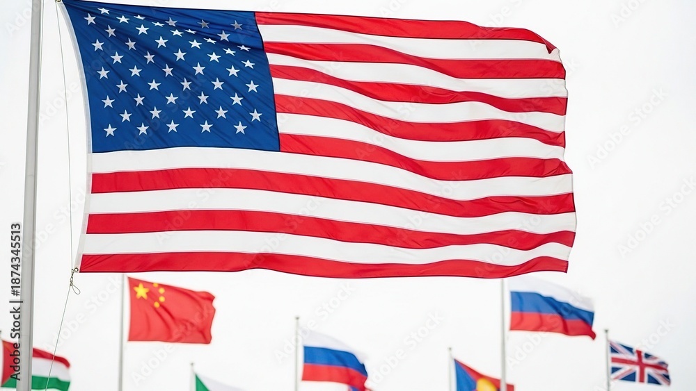 Fototapeta premium The American Flag Waving Proudly Among International Flags