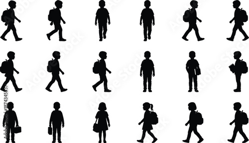 Set of black school children silhouettes walking and standing with backpacks and books isolated on white background for education design projects