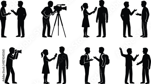 Set of black journalist and interview silhouettes with camera crew and reporters in different media communication poses isolated background