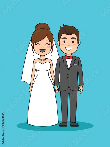 Happy cartoon bride and groom standing together on their wedding day.