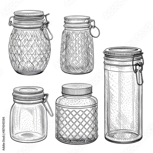 Detailed illustration of five glass jars with lids and clasps in various shapes and sizes on transparent background