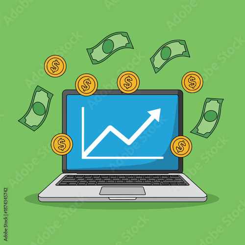 Laptop Displaying Upward Trend Graph with Flying Money and Coins.