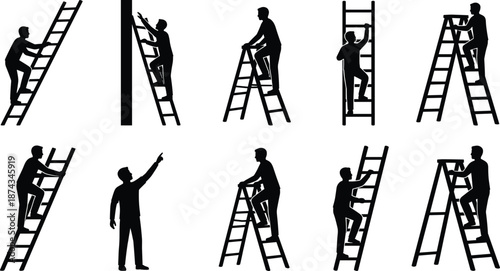 Set of black worker silhouettes climbing ladders in different positions isolated on white background for construction and safety design projects