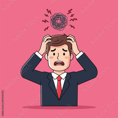 Stressed businessman holding head feeling overwhelmed and frustrated.